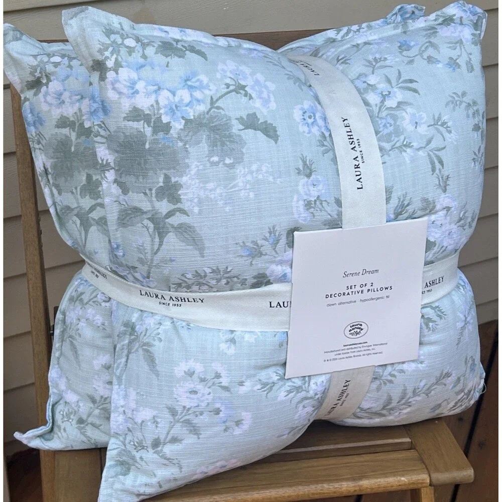 Laura Ashley Serene Dream Set of 2 Decorative Pillows Sage Green Blue Floral New